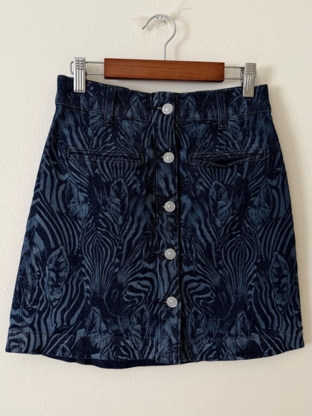 7 For All Mankind Dark Blue Patterned Button-Front Mini Skirt